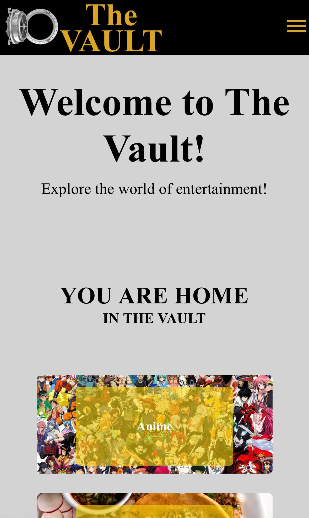 Vault website mobile home page